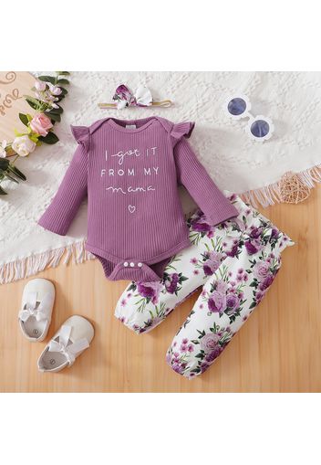 3pcs Baby Girl 95% Cotton Long-sleeve Letter Embroidered Rib Knit Romper and Allover Floral Print Pants with Headband Set