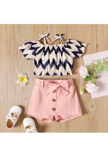 2-piece Toddler Girl Chevron Stripes Off Shoulder Ruffled Strap Top and Button Design Belted Pink Shorts Set