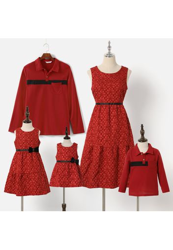 Family Matching Red Floral Embossing Sleeveless Dresses and Long-sleeve Polo Shirts Sets