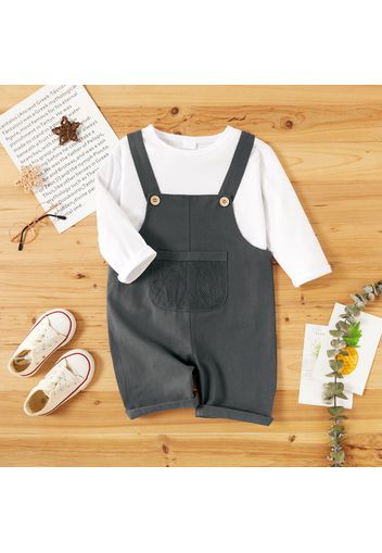 2-piece Toddler Girl/Boy Long-sleeve White T-shirt and Button Design Mesh Pocket Solid Overalls Set