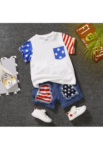 Independence Day 2pcs Toddler Boy Casual Patchwork Ripped Denim Shorts and Pocket Design Tee Set