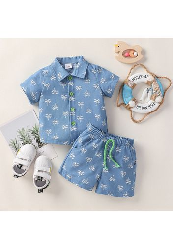 2pcs Baby Boy Denim Short-sleeve All Over Coconut Tree Print Button Up Shirt and Shorts Set