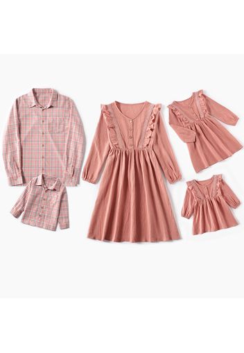 Family Matching Pink Crepe Long-sleeve Ruffle Dresses and Plaid Shirts Sets