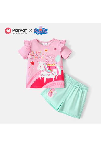 Peppa Pig 2pcs Toddler Girl Unicorn Print Ruffled Short-sleeve Pink Tee and Elasticized Shorts Set