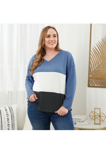 Women Plus Size Casual Colorblock V Neck Long-sleeve Tee