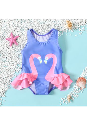 Baby Girl Swan Print Sleeveless Ruffle One-Piece Swimsuit