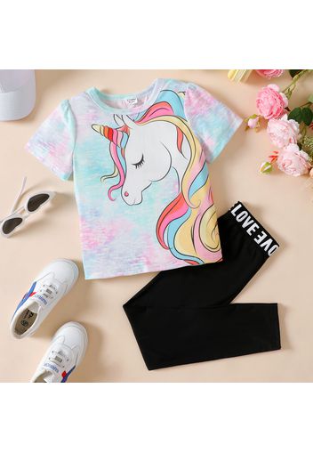 2pcs Kid Girl Unicorn Print Tie Dyed/ Butterfly Print Short-sleeve Tee and Letter Print Black Leggings Set