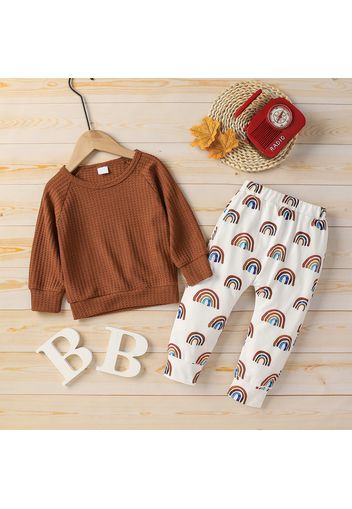 2pcs Rainbow Print Waffle Long-sleeve Ginger Baby Set