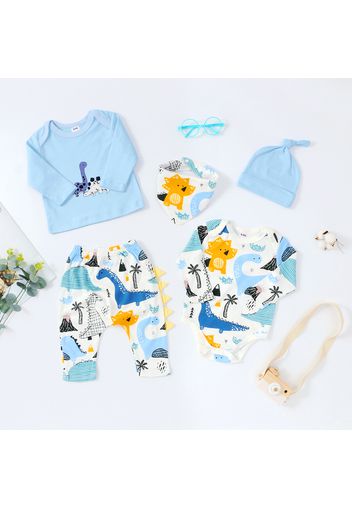 100% Cotton 5pcs Baby All Over Cartoon Dinosaur Print Blue Long-sleeve Set