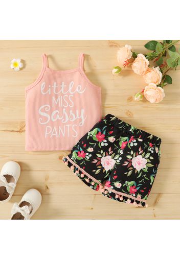 2-piece Toddler Girl Letter Print Ribbed Camisole and Floral Print Pompom Design Shorts Set