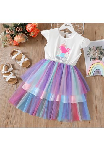 Kid Girl Unicorn Sequin Embroidered Layered Mesh Splice Flutter-sleeve Dress