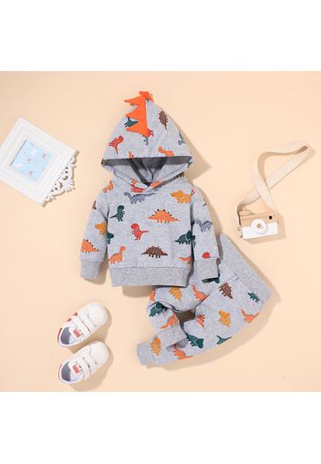 100% Cotton 2pcs Dinosaur Allover Hooded Long-sleeve Grey Baby Set