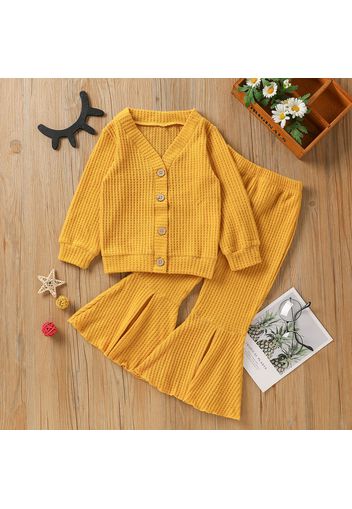 2-piece Toddler Girl Waffle Button Design Solid Color Cardigan and Flared Pants Set