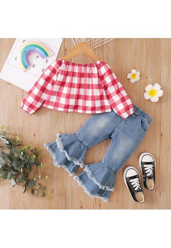 Baby 2pcs Polka Dots Red Off Shoulder Long-sleeve Top and Flare Jeans Set