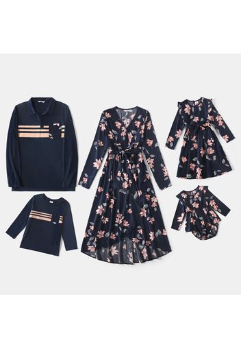 Family Matching All Over Floral Print Blue Long-sleeve Belted Dresses and Striped Tops Sets