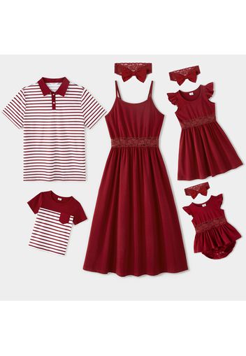 Family Matching Solid Spaghetti Strap Lace Cotton Dresses and Striped Short-sleeve Tops Sets