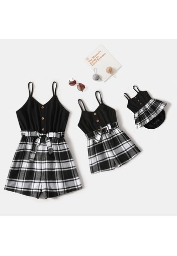 Black and Plaid Splicing Spaghetti Strap Button Belted Romper for Mom and Me