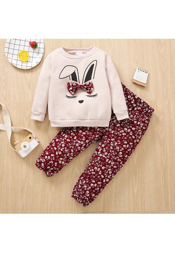 2-piece Toddler Girl Bowknot Design Rabbit Print Pullover Sweatshirt and Floral Print Paperbag Pants Set