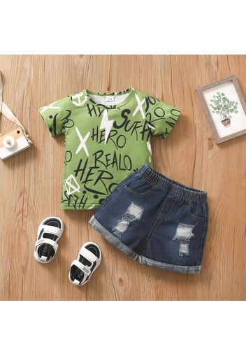 2pcs Baby Boy 100% Cotton Ripped Denim Shorts and All Over Graffiti Letter Print Short-sleeve Tee Set