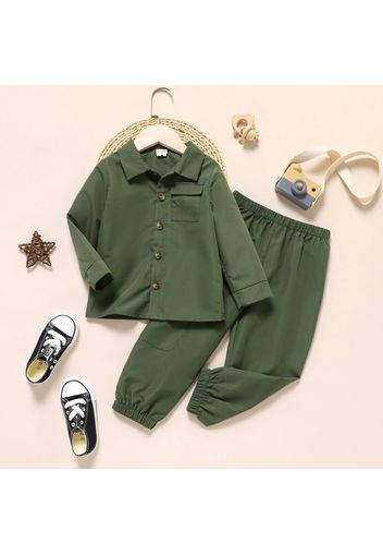 2-piece Toddler Boy Solid Lapel Collar Chest Pocket Long-sleeve Top and Pants Army Green Set