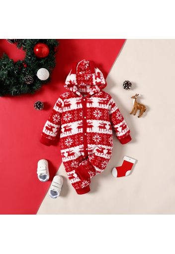 Baby Boy Christmas Deer Snowflake Pattern Colorblock Fuzzy Hooded Jumpsuit