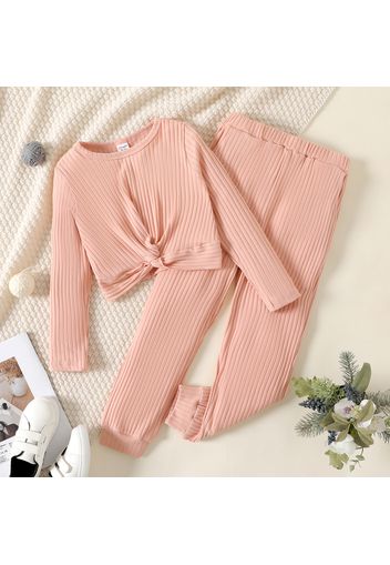 2pcs Kid Girl Solid Color Ribbed Twist Knot Long-sleeve Tee and Pants Set