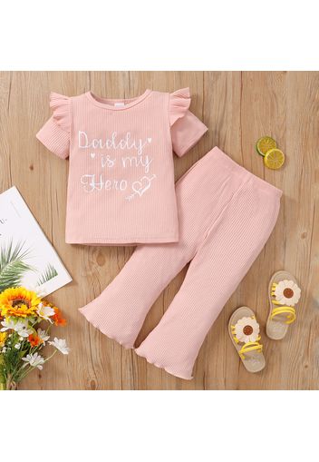 2-piece Toddler Girl Letter Print Ruffled Short-sleeve Pink Tee and Elasticized Ribbed Flared Pants Set