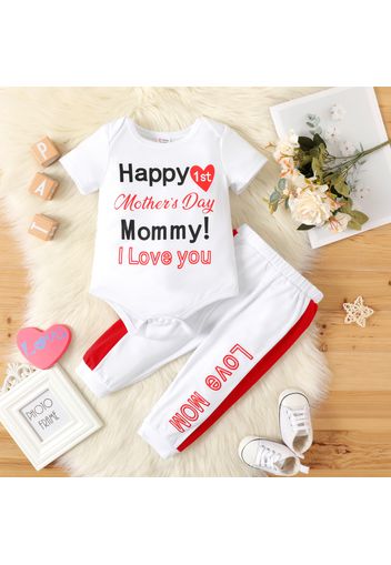 Mother's Day 2pcs Baby Boy/Girl Letter Print Short-sleeve Romper and Colorblock Trousers Set