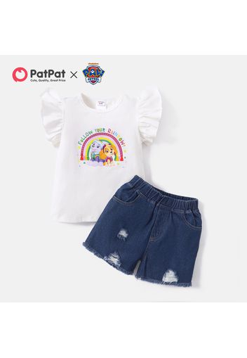 PAW Patrol 2-piece Toddler Girl Rainbow Flutter-sleeve Tee and Denim Shorts Cotton Set