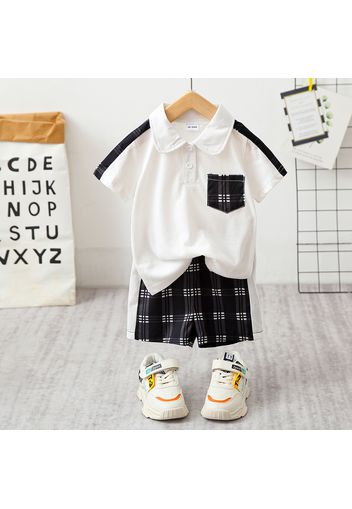 2pcs Toddler Boy Casual Plaid Splice Polo Shirt and Shorts Set