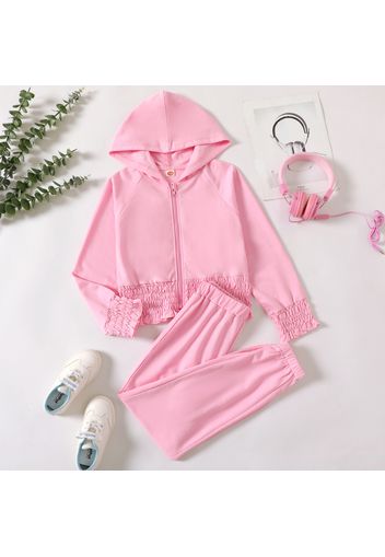 2-piece Kid Girl Solid Color Smocked Hem Zipper Hooded Jacket and Pants Set