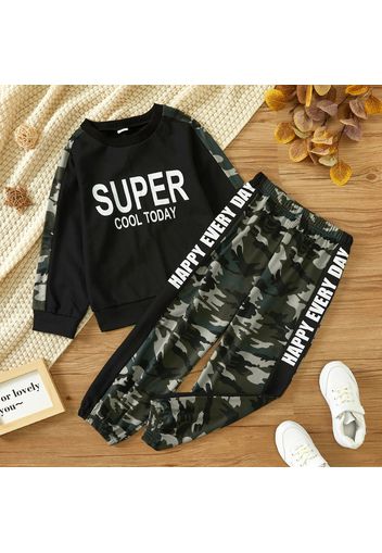 2-piece Kid Boy Letter Print Raglan Sleeve Sweatshirt and Camouflage Print Pants Set