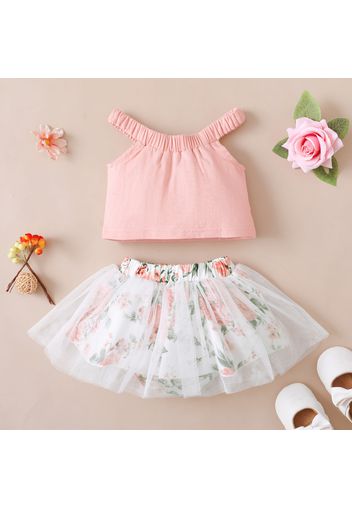 2pcs Baby Girl Solid Halter Neck Sleeveless Top and Floral Print Mesh Skirted Shorts Set