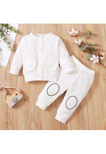 2pcs Baby Girl Solid Waffle Knit Button Long-sleeve Top and Trousers Set