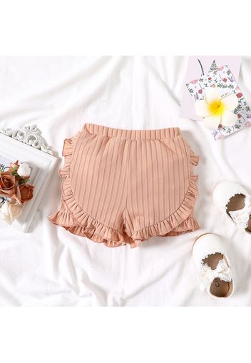 Baby Girl Solid Ribbed Elasticized Waist Ruffle Shorts