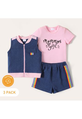 3-Pack Baby Girl 95% Cotton Colorful Webbing Spliced Denim Vest and Shorts with Letter Print Tee Set