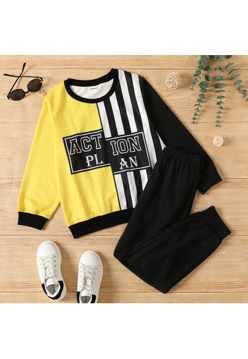 2-piece Kid Boy Letter Print Striped Colorblock Long-sleeve Top and Elasticized Black Joggers Pants Set