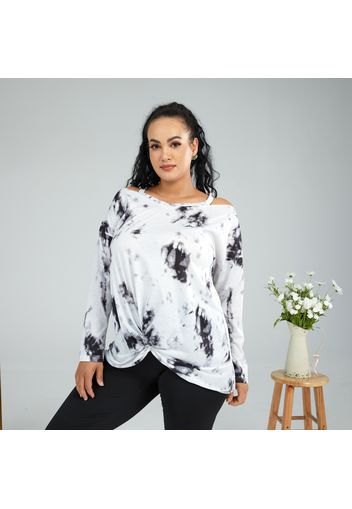 Women Plus Size Casual Tie Dye Cold Shoulder Twist Front Long-sleeve T-shirt