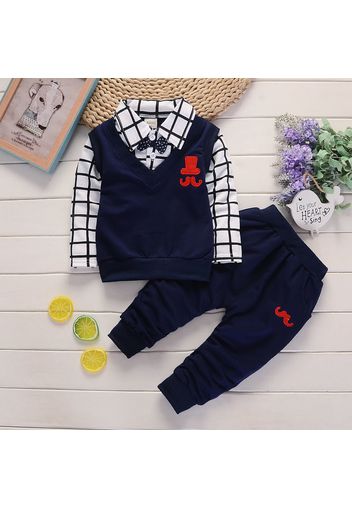 2-piece Toddler Boy Plaid Lapel Collar Bow tie Design Long-sleeve Vest Embroidered Faux-two Top and Elasticized Pants Set