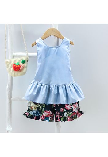 2pcs Toddler Girl Backless Bowknot Design Peplum Sleeveless Top and Floral Print Ruffled Shorts Set