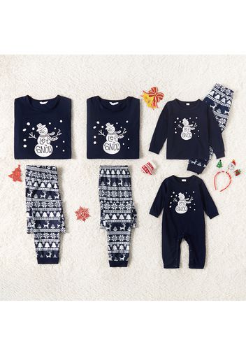 Christmas Snowman and Letter Print Dark Blue Family Matching Long-sleeve Pajamas Sets (Flame Resistant)