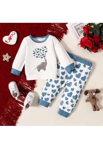 2pcs Baby Boy/Girl Cartoon Elephant and Love Heart Print Long-sleeve Pullover and Trousers Set