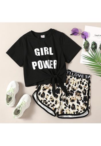 Pretty Kid Girl Sporty Letter Bowknot Leopard Print 2-piece Casual Set