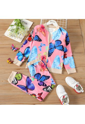 2-piece Kid Girl Butterfly Print Zipper Bomber Jacket and Pants Casual Set