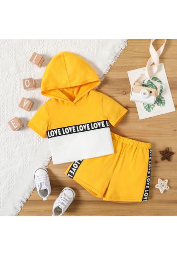 Baby Boy/Girl Letter Print Colorblock Hooded Short-sleeve Top and Shorts Set