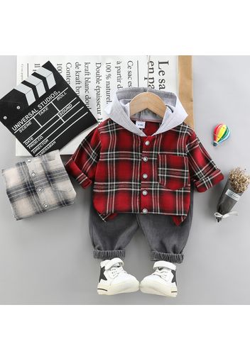 2-piece Toddler Girl/Boy Button Deign Plaid Hoodie and Elasticized Solid Gray Corduroy Pants Set