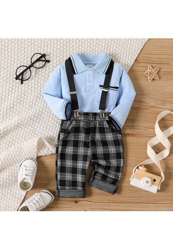 2pcs Baby Boy 95% Cotton Long-sleeve Polo Shirt and Plaid Overalls Set