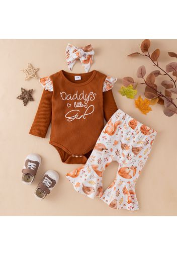 3pcs Baby Girl Letter Print Brown Ribbed Long-sleeve Romper and All Over Animal Print Bell Bottom Pants Set