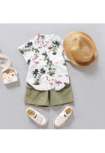 3pcs Toddler Boy Vacation Straw Hat and Flamingo Print Shirt and Pocket Design Shorts Set