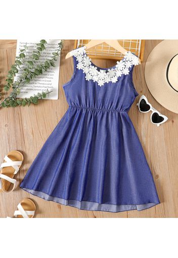 Kid Girl Floral Lace Design Sleeveless High Low Denim Dress